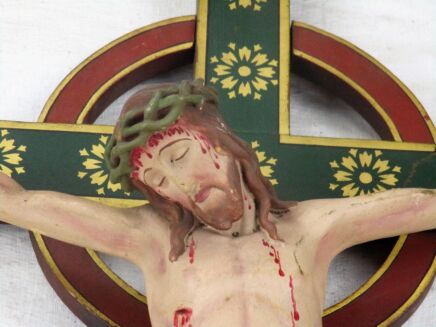Large French Polychrome Antique Crucifix 19th C Fleur de Lis Plaster Corpus 37"