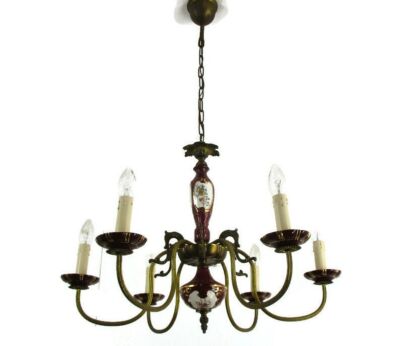 Chandelier 6 Arms Lights Ceramic Porcelain Ceramic Blue Gold Mid Century Italy