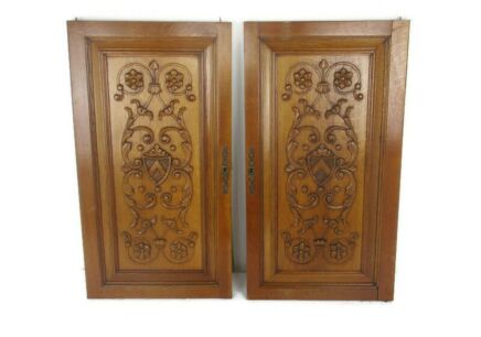 Pair  Hand Carved Wooden  Door Panels Reclaimed Architectural Medieval Style Flowers and Shields