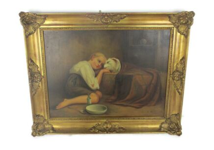 Oil Painting on Canvas Gorgeous Wooden Frame Girl looking after Sick Dog  Exquisite  XL B. Nelis