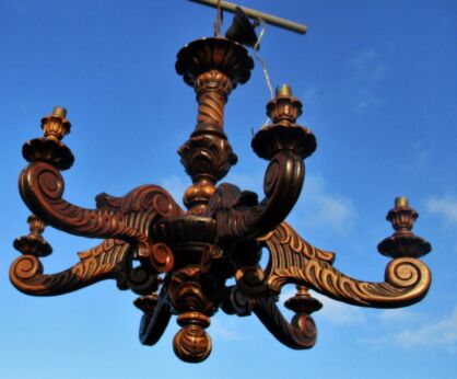 Large Antique French Carved Wood Chandelier 6 lights arms Ceiling Light Wooden