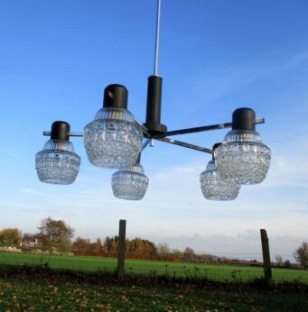 Mid Century Danish Modern Chandelier Chrome Glass Shades Vintage 5 Lights bowls