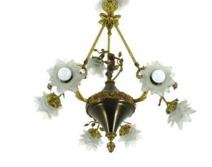 French Empire Chandelier 7 Lights Arms Glass Tulip Shades Putti Gorgeous