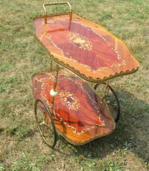 Bar Cart Italian Hollywood Regency Gold Chrome Wood Inlay Marquetry Marble Onyx