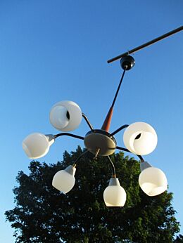 Mid Century Danish Modern Style Chandelier wood Glass Shades 6 Light balls