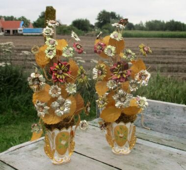 Couple Antique Vieux Paris Porcelain Fan Flair Bridal Vases Flower Bouquets