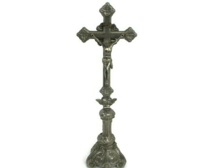 Vintage Standing Crucifix Jesus Christ Cross Ornate Angels at Feet Spelter Beautiful