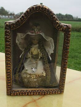 Vintage Madonna Figurine Wax Gold Amber Blue Cape Gold Grown Resine Chapel