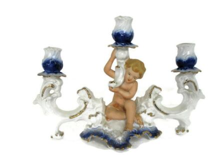 Porcelain Triple Candle Holder Candelabra Putti Angel Cherub Marked Romania Arpo