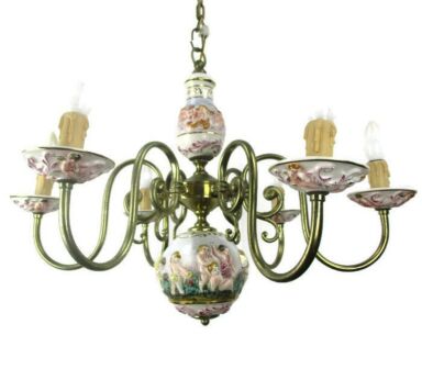 Capodimonte Chandelier 6 arm gorgeous Putti Cherubs Angels Playing in Garden