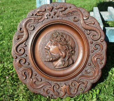 Hand Carved Massive Wood Wall hanging Plate Jesus Dragons Beautiful