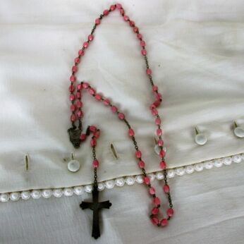 French Vintage Our Lady Madonna Rosary Pink Catholic Necklace Lovely HTF