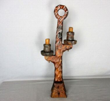 Spanish Hand Carved Wooden Double Embossed Candle Holder Stick Candlestick Vtg