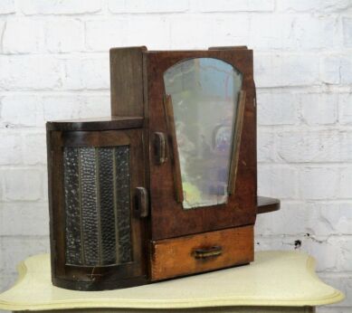 Bauhaus Kitchen Medicine Bathroom Cabinet Apothecary Wood Leaded Glass Mirror