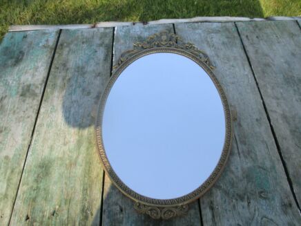 Vintage Small Brass Oval Wall Hanging Mirror Ornate Italy
