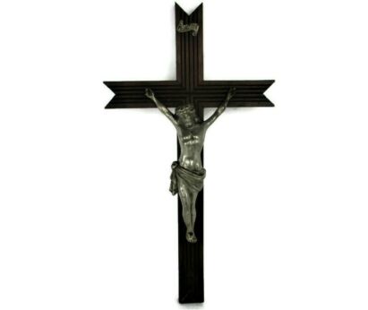 Wall Hanging hand Carved Wood Crucifix Cross Jesus Christ Faux Brass Spelter Corpus 22.24"