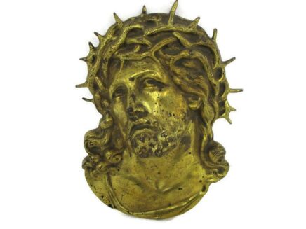 Heavy Brass Wall Panel Jesus Christ Head of Thorns Tableaux Plaque Gorgeous Antique