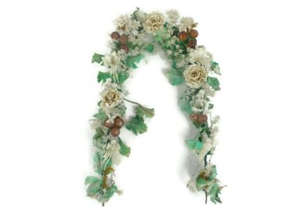 Antique  Bridal Wedding Silk Flowers Glass Ormolu Wreath Boucquet