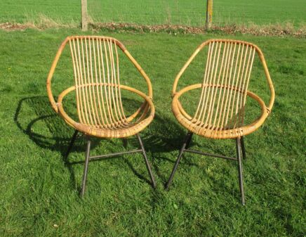 Pair Mid Century Modern Rattan Hoop Chairs Wicker Authentic era Rohé Noordwolde