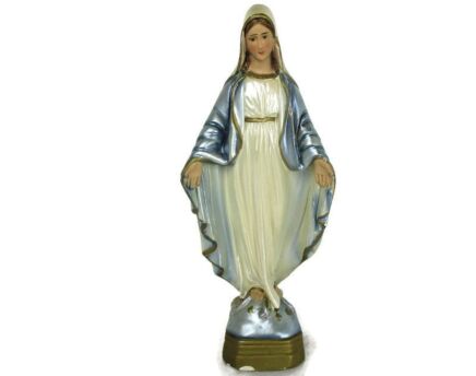 Vintage Statue Virgin Mary Our Lady Madonna Open Arms Shining Blue Plaster Lovely