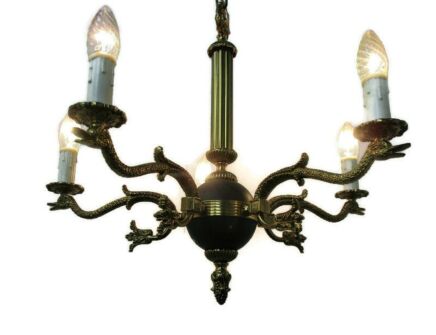 French Empire Pan Chandelier Green Tole Brass 5 arms Hollywood Regency Ducks HTF