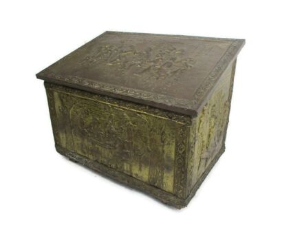 Vintage Peerage Brass Coal Tinder Kindling Scuttle Box Repousse Breughel Scenes Dinanderie Hammered Brass