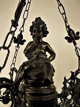 French Chandelier 6 Lights Arms Tulip Shades Putti Cherub Resin Gorgeous