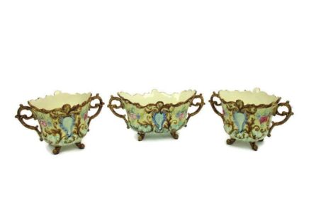 Set of 3 French Barbotine Majolica Vases Planters Centerpiece Gorgeous Flowers