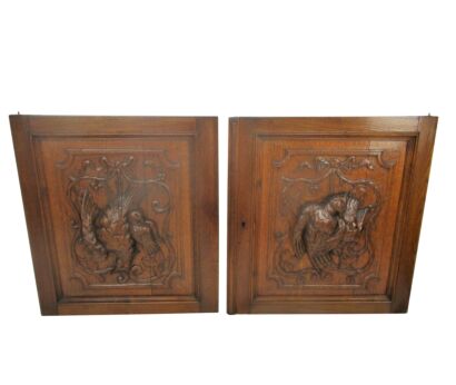 Pair Antique French hand Carved Wood Oak Door Panels Reclaimed Architectural Birds Hunter Cabinet