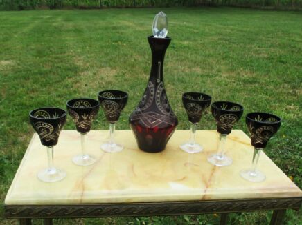 Antique 19th Century set Decanter glasses Ruby Red Etched Glass Hand Made WOW