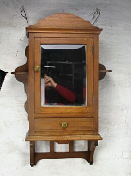 Vintage hand Carved Wood Oak Medicine Wall Cabinet Apothecary Beveled glass