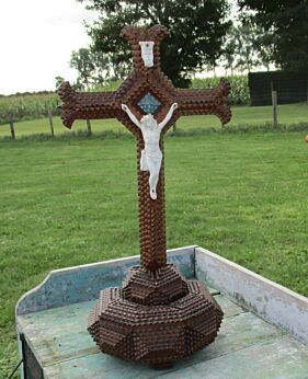Tramp art Standing Crucifix Hand Made Carved wood Porcelain Jesus Christ Cross