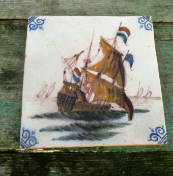 Antique 19th century Delft Polychrome Tile Sea sight Sailing Boat