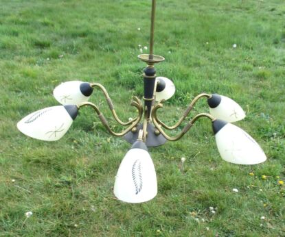 GERESERVEERD BO Stunning 6 Arm Era Stilnovo Mid Century Chandelier Opaline painted Brass