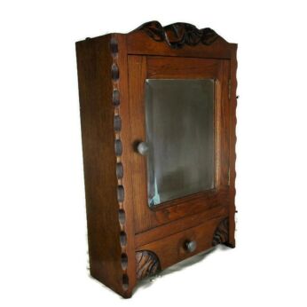 Vintage hand Carved Wood Oak Medicine Wall Cabinet Apothecary Beveled glass WOW