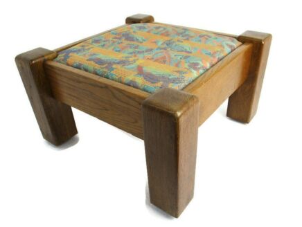 Vintage Stool Ottoman Footstool Wood Fabric top Barn Style Large Heavy