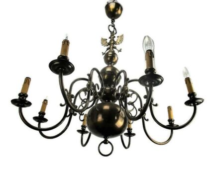 Large Vintage Ornate Flemish Dutch 8 Arms Lights Eagle Castle Chandelier Brass