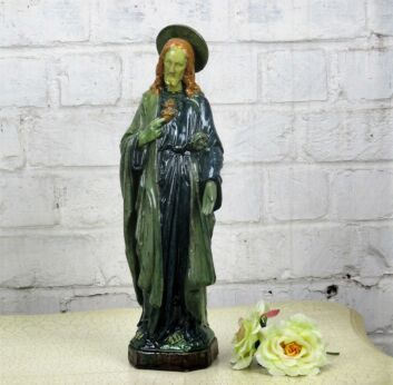 Large Statue Flanders Flemish Pottery Holy Heart Jesus Christ Majolica 15.35"