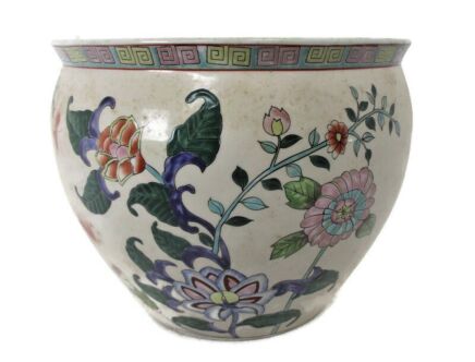 Vintage Chinese Porcelain Enamel  Koi Fish Bowl Planter Vase Butterflies   Flowers Cachepot