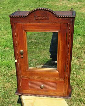 Antique Carved Wood medicine bathroom Wall Cabinet mirror Apothecary Hobnails