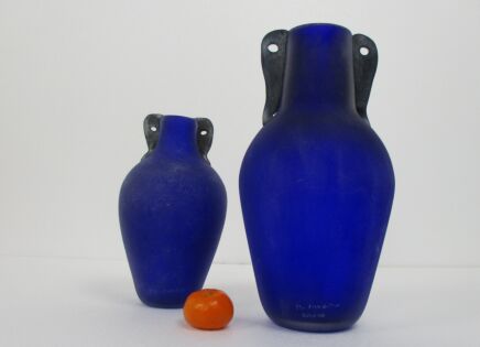 Couple Pair Linea Padovan Marked Vintage Venice  Art Glass Italian Murano Vases Dark Blue