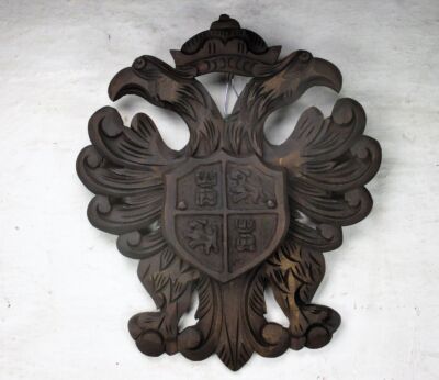 hand Carved Wood Gothic Shield Wall Decor Vultures Tower Crest Charles V  HTF