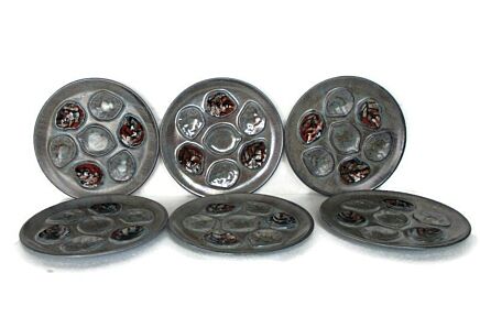 Set of 6 French Oyster Plates Porcelain Faience Hand Painted Glazed