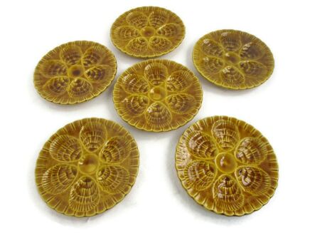 Set of 6 French Oyster Plates Porcelain Faience Majolica Brown Glazed Vintage
