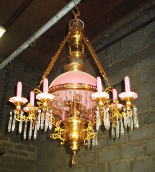 Antique Chandelier 9 candle holders Working Prisms Opaline Sleeves Lampe Belge Pink