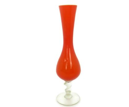 Vintage  Orange Opaline Art Glass Vase Cased Glass Twisted Stem Retro Lovely