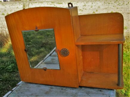 Small Mid Century Modernist medicine bathroom Cabinet Beveled Glass mirror Wood