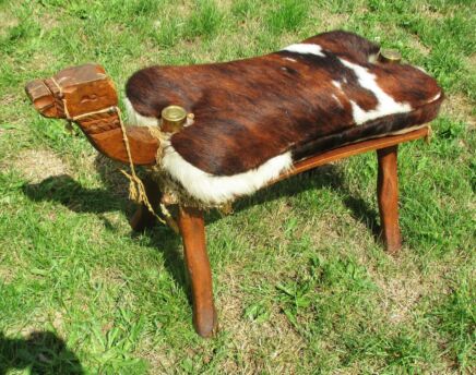 Retro Bedouin Camel Saddle Egyptian African Art Cowhide Leather Stool Ottoman