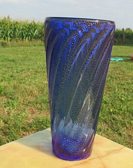Exceptional Vintage Italian Murano Blue Gold Swirled Art Glass Vase