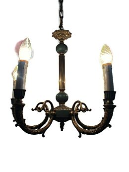 French Empire Chandelier Green Tole Brass 5 arms Hollywood Regency Beautiful